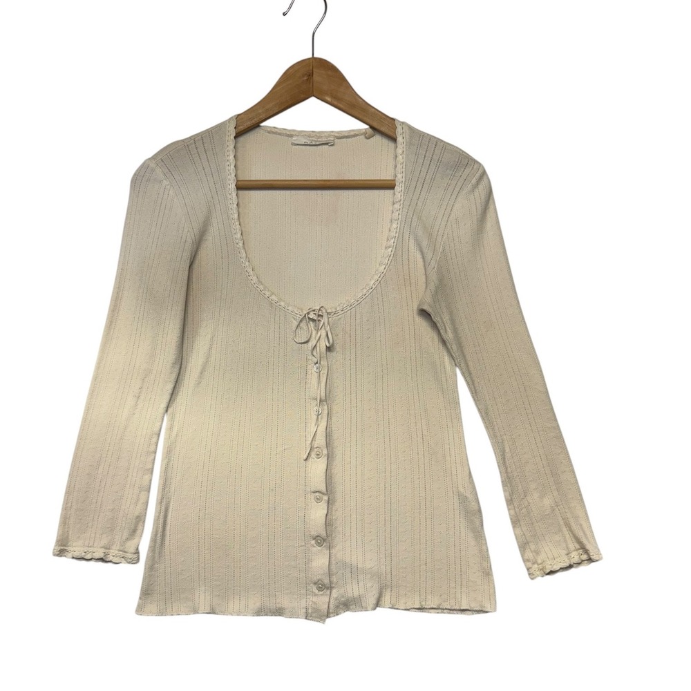 DOEN Cream Pointelle Knit Cotton Cardigan Top‎ Scoop Neck Lace Trim Small